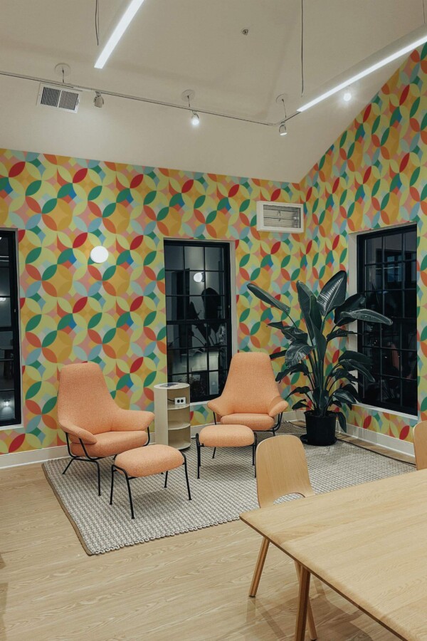 Minimal style living room decorated with Vintage circles peel and stick wallpaper and mid-century style chairs