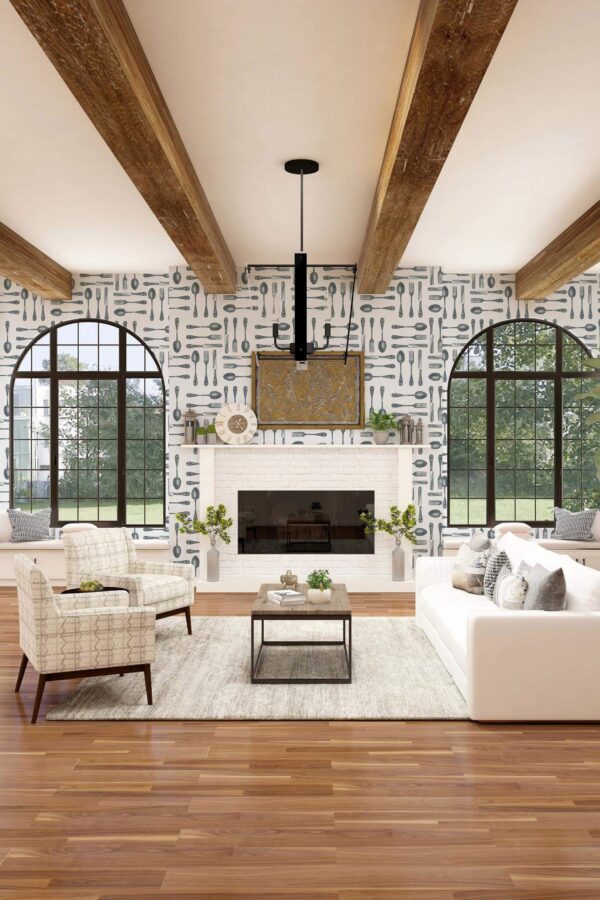 Light farmhouse style living room decorated with Vintage cutlery peel and stick wallpaper