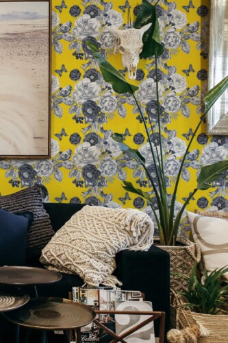 Scandinavian style living room decorated with Vintage floral beauty salon peel and stick wallpaper
