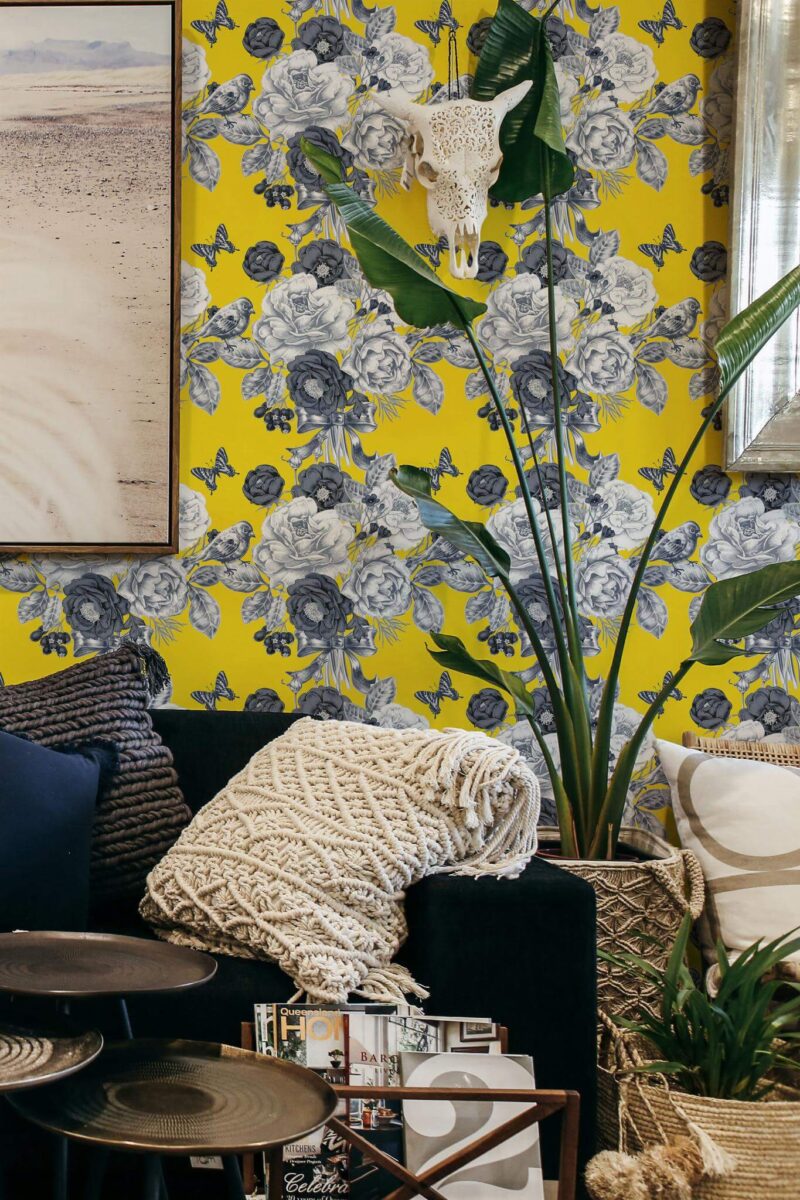 Scandinavian style living room decorated with Vintage floral beauty salon peel and stick wallpaper
