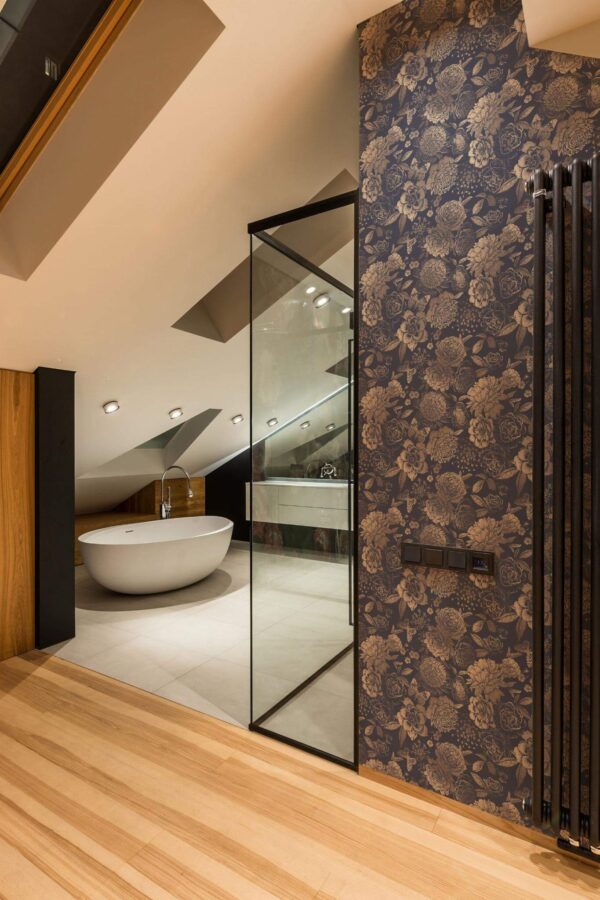 Industrial style bathroom decorated with Vintage flowers peel and stick wallpaper