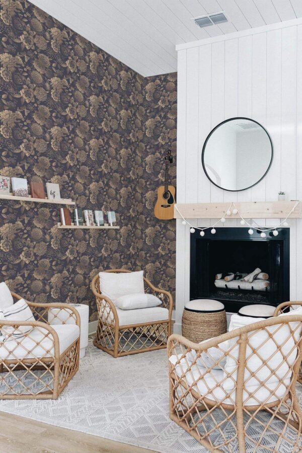 Minimal bohemian style living room decorated with Vintage flowers peel and stick wallpaper