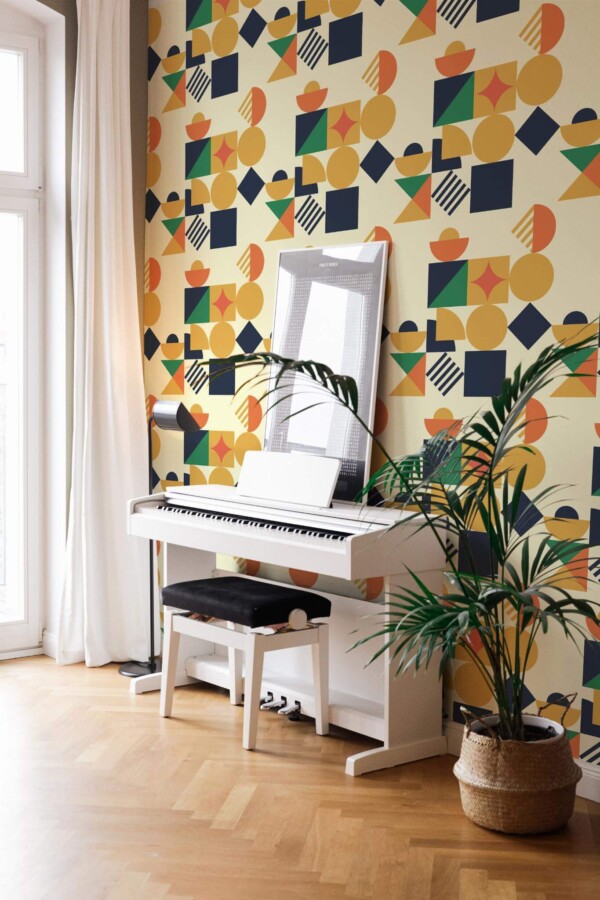 Modern style living room with a piano decorated with Vintage geometry peel and stick wallpaper