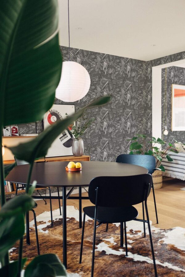 Scandinavian style dining room decorated with Vintage military peel and stick wallpaper