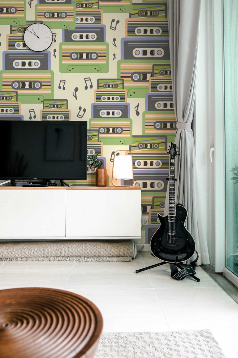Vintage Game Room Wall Mural with retro cassette patterns in green and purple, ideal for playful game rooms, creative studios, or accent walls.