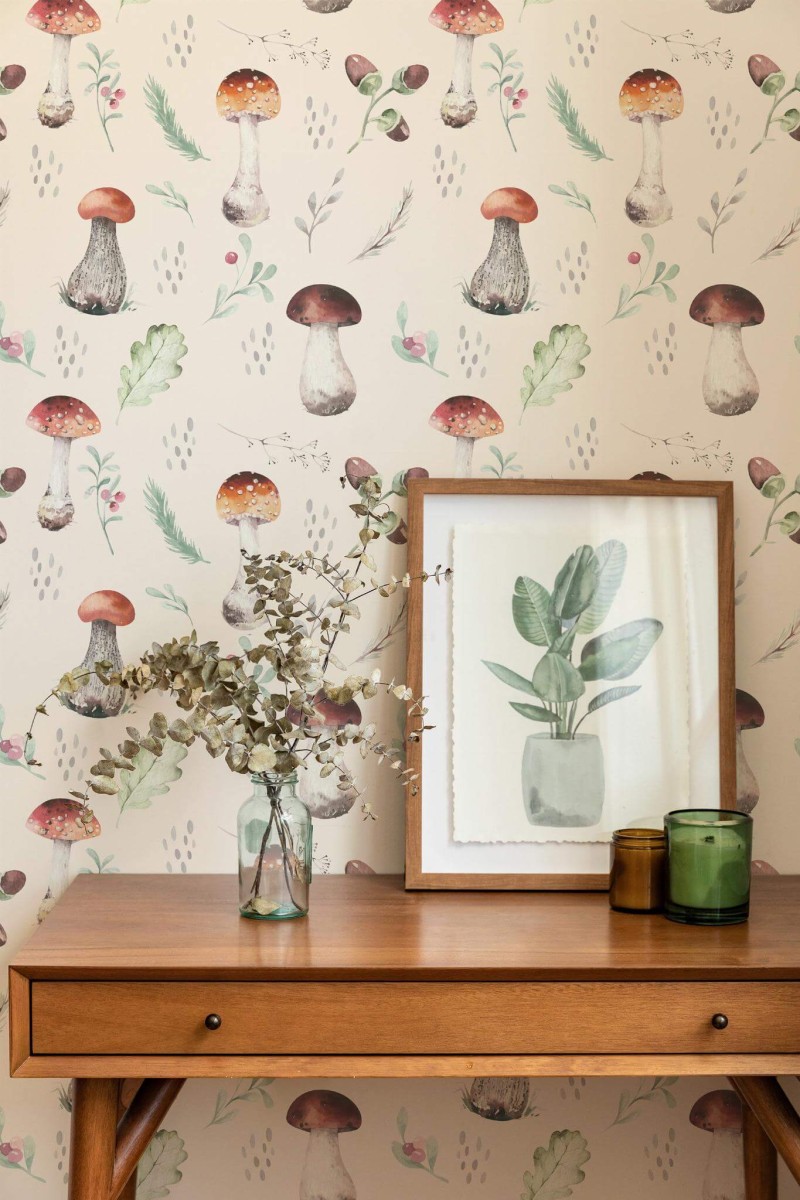 Mid-century modern style living room decorated with Vintage mushroom nursery peel and stick wallpaper