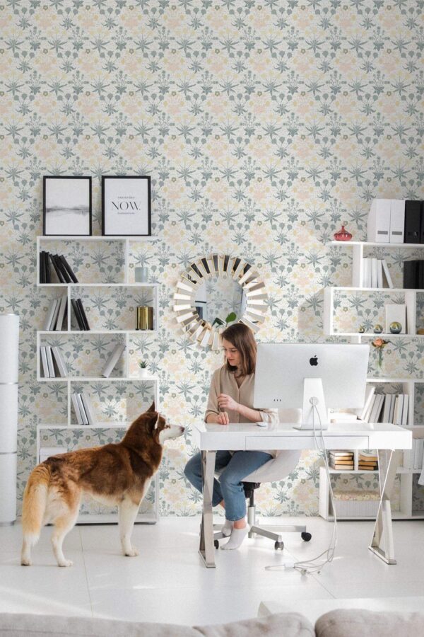 Minimal Scandinavian style office decorated with Vintage pastel flowers peel and stick wallpaper