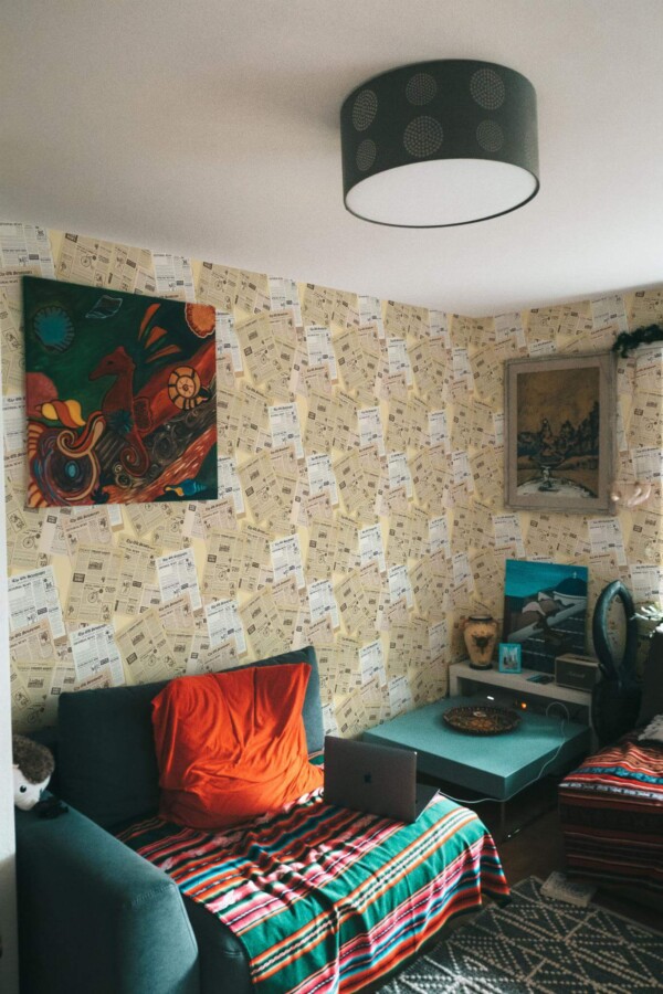 Rustic eclectic style living room decorated with Vintage poster peel and stick wallpaper