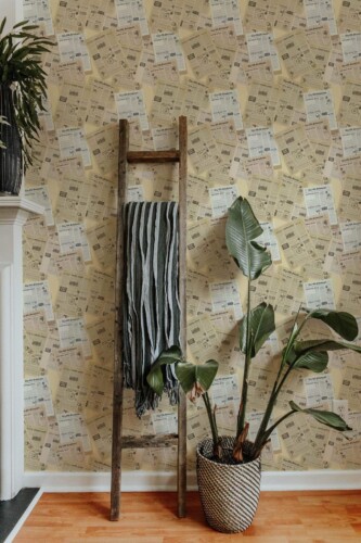Scandinavian style living room decorated with Vintage poster peel and stick wallpaper