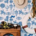Coastal nautical style living room decorated with Vintage peel and stick wallpaper