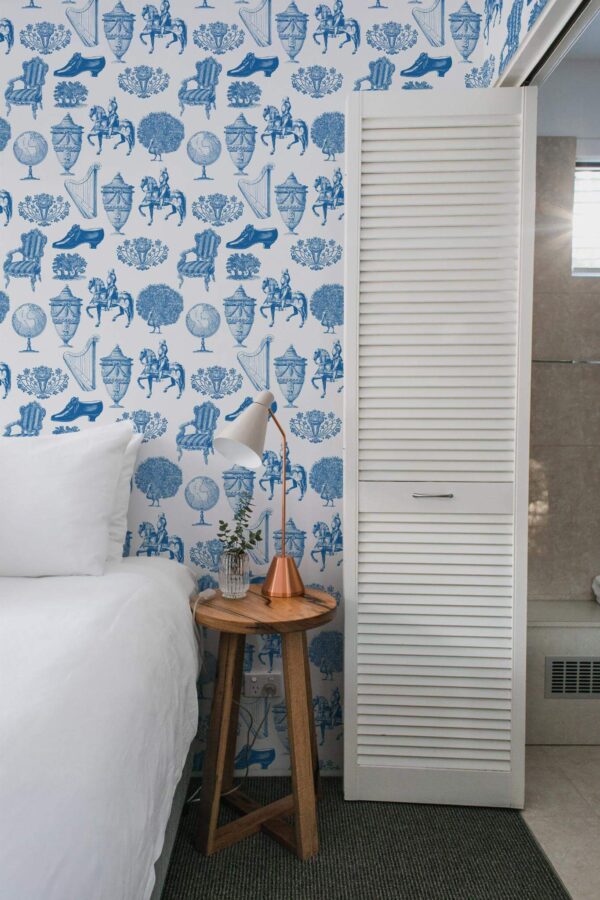 Minimalist style bedroom decorated with Vintage peel and stick wallpaper