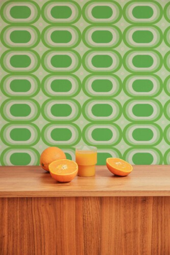 Mid-century style living room decorated with Vintage Retro peel and stick wallpaper