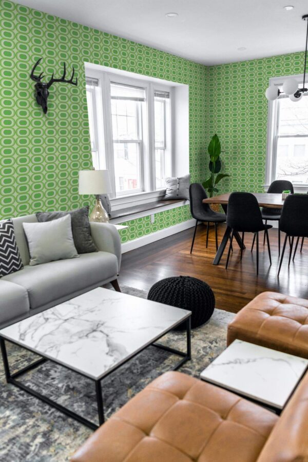Mid-century modern scandinavian style living dining room decorated with Vintage Retro peel and stick wallpaper