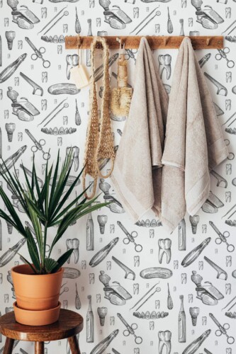 Boho style bathroom decorated with Vintage stomatology peel and stick wallpaper