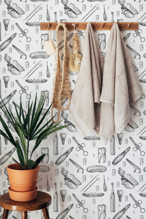 Boho style bathroom decorated with Vintage stomatology peel and stick wallpaper