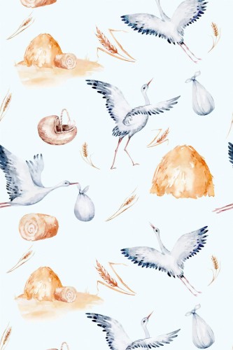 Pattern repeat of Vintage stork removable wallpaper design