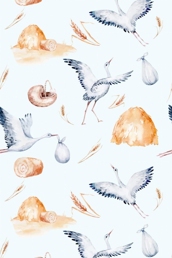 Pattern repeat of Vintage stork removable wallpaper design