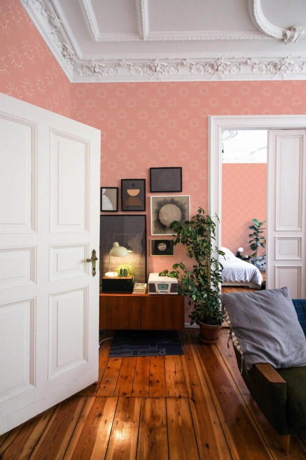 Mid-century modern luxury style living room and bedroom decorated with Vintage sun nursery peel and stick wallpaper