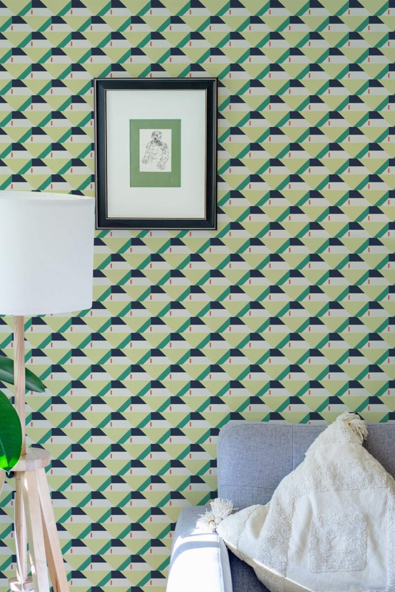 Eastern European style living room decorated with Vintage textile inspired peel and stick wallpaper