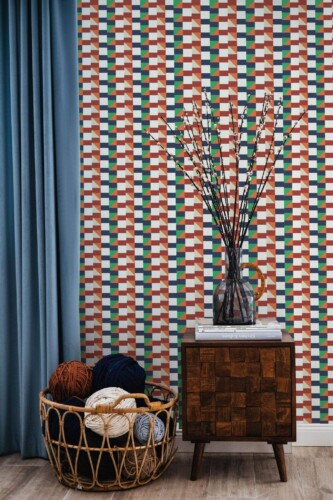 Coastal style living room decorated with Vintage textile peel and stick wallpaper