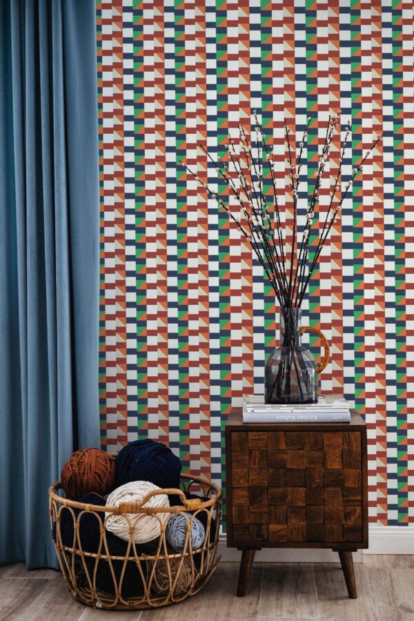 Coastal style living room decorated with Vintage textile peel and stick wallpaper