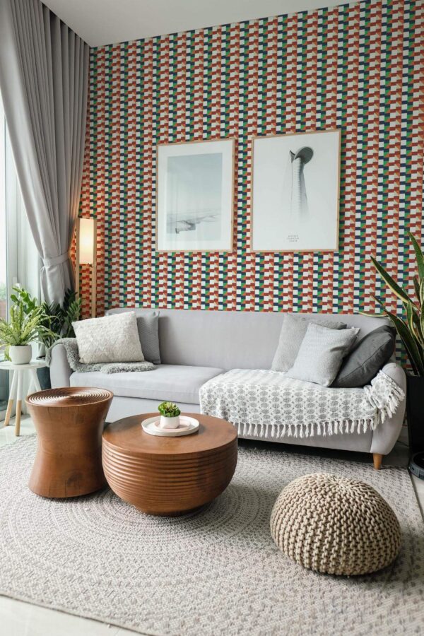 Modern scandinavian style living room decorated with Vintage textile peel and stick wallpaper and green plants