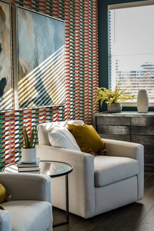 Shabby chic style living room decorated with Vintage textile peel and stick wallpaper