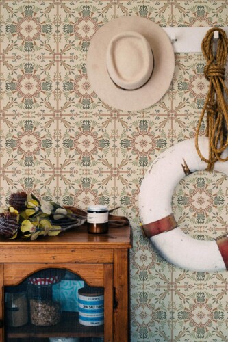 Coastal nautical style living room decorated with Vintage tile peel and stick wallpaper
