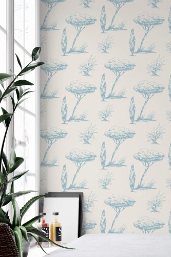 Minimal style home office decorated with Vintage tree pattern peel and stick wallpaper