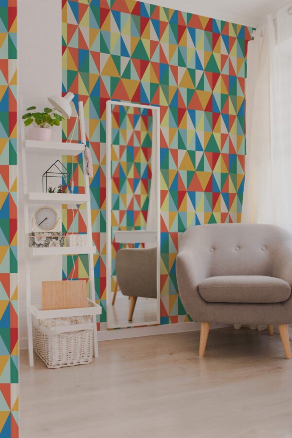 Light boho style living room decorated with Vintage triangles peel and stick wallpaper