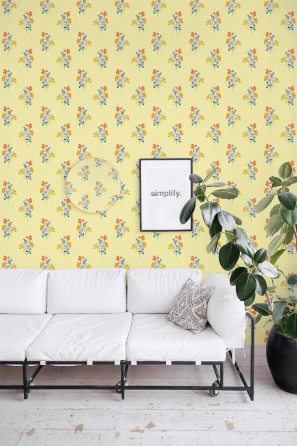 Minimal industrial style living room decorated with Vintage yellow floral peel and stick wallpaper