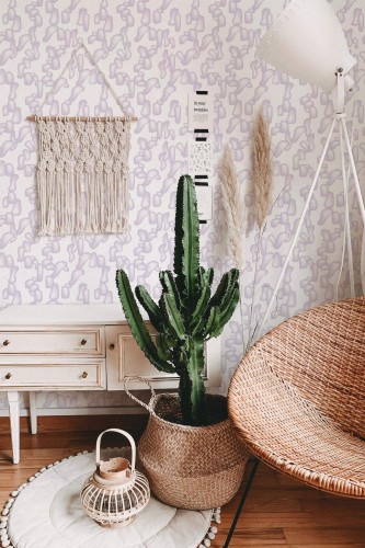 Bohemian style living room decorated with Violet abstract shapes peel and stick wallpaper