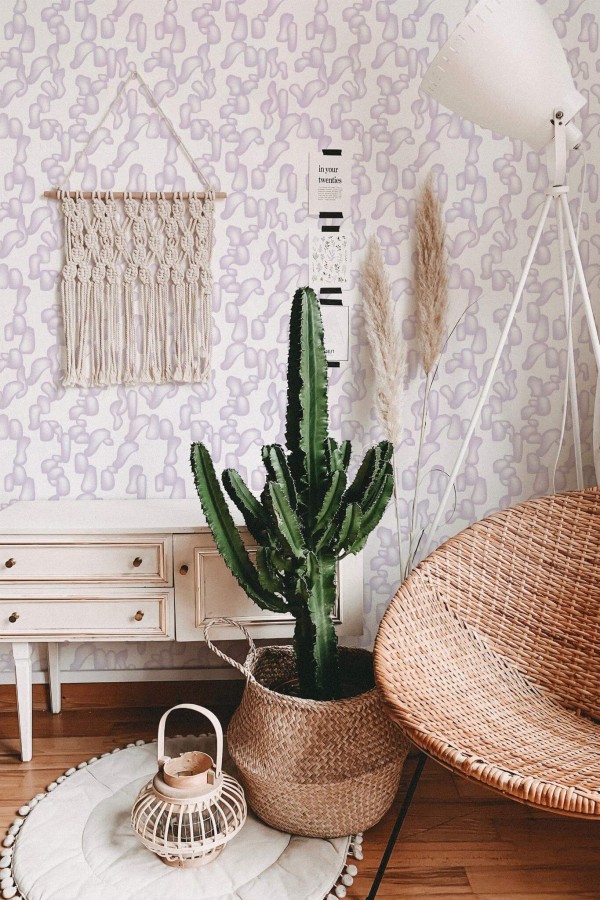 Bohemian style living room decorated with Violet abstract shapes peel and stick wallpaper