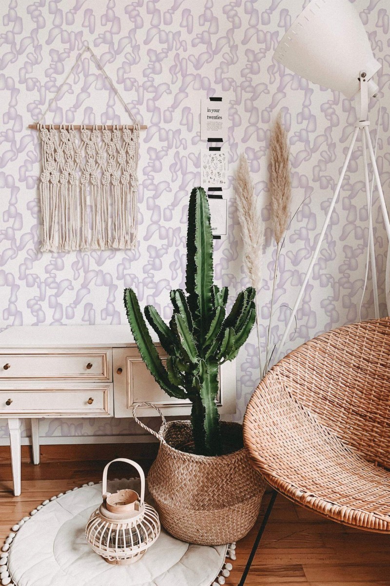 Bohemian style living room decorated with Violet abstract shapes peel and stick wallpaper