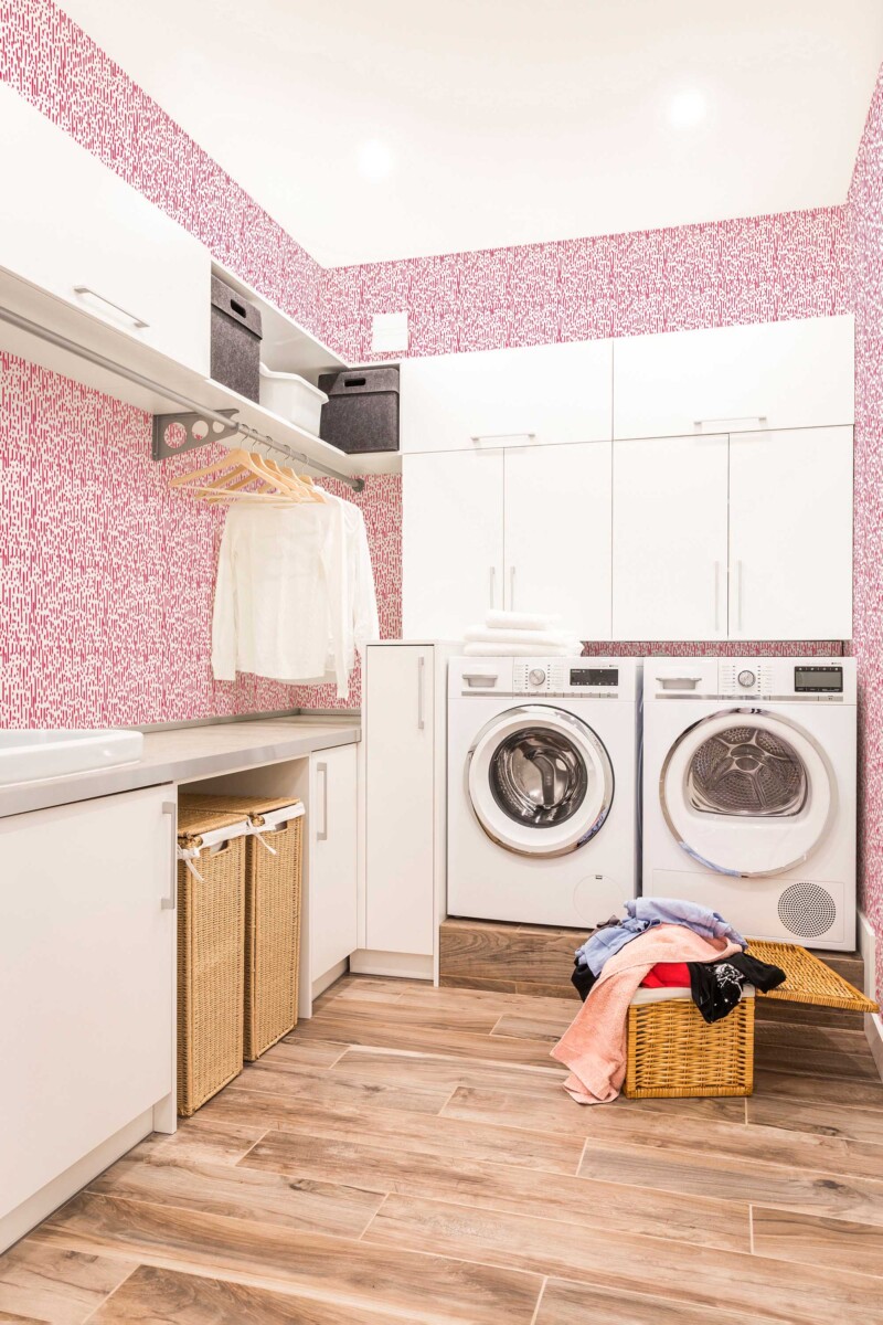 Fancy Walls peel and stick wallpaper with viva magenta brush stroke abstract pattern on white