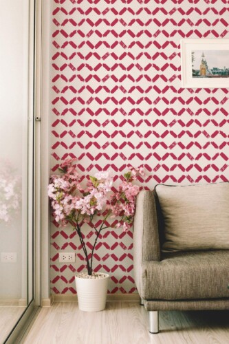 Modern farmhouse style living room decorated with Viva magenta brushstroke peel and stick wallpaper