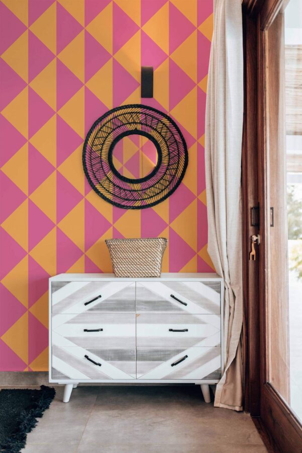 Modern farmhouse style living room decorated with Vivid triangles peel and stick wallpaper