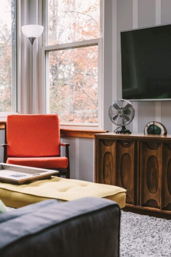 Rustic style living room decorated with Wall board effect peel and stick wallpaper