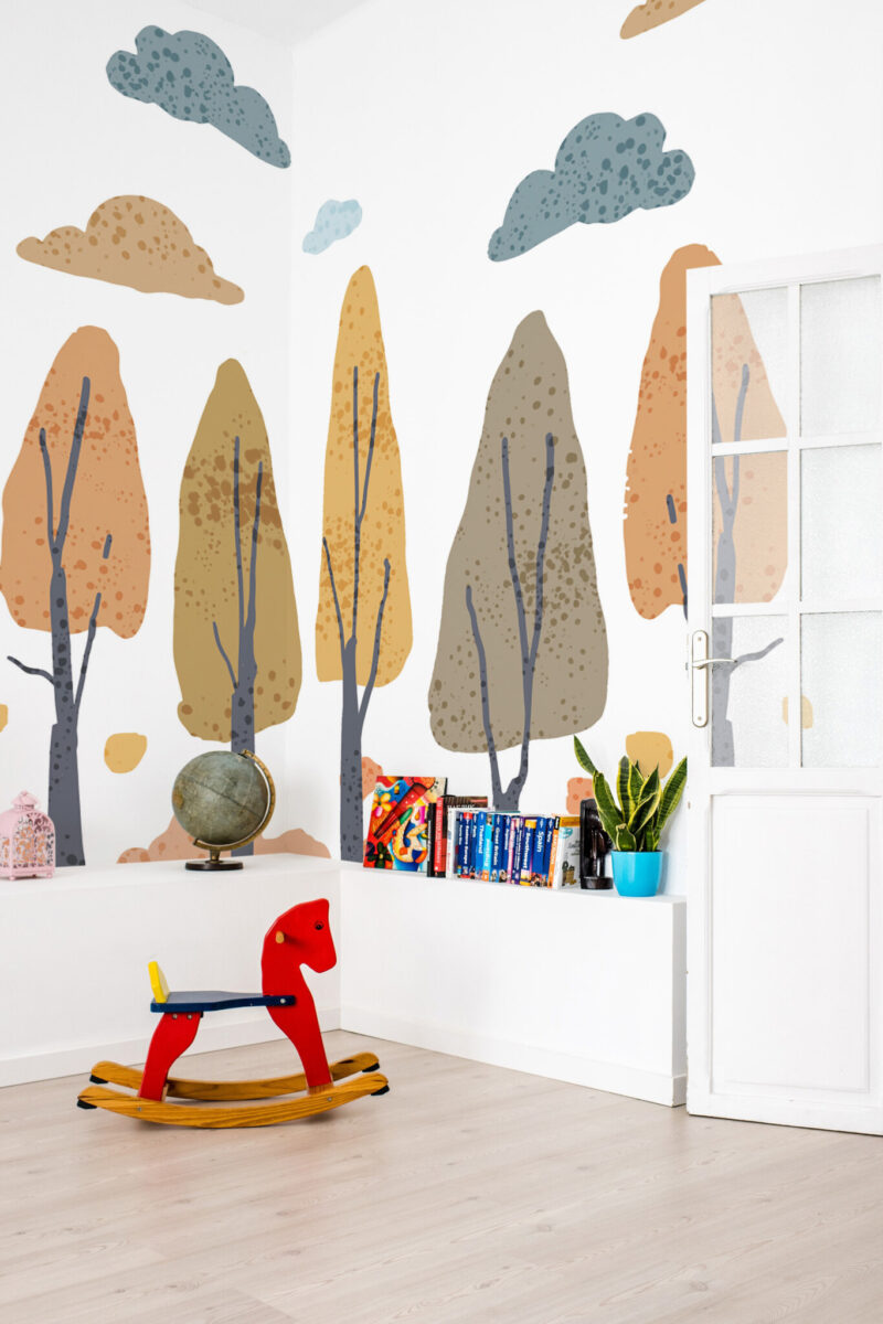Rustic Autumn Trees wall mural with earth tones and illustrated tree design, perfect for kids rooms and soft forest-themed interiors.