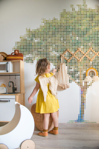 Vibrant Dotted Tree wall mural with green and white dotted tree design, ideal for kids rooms or playful nature-themed spaces.
