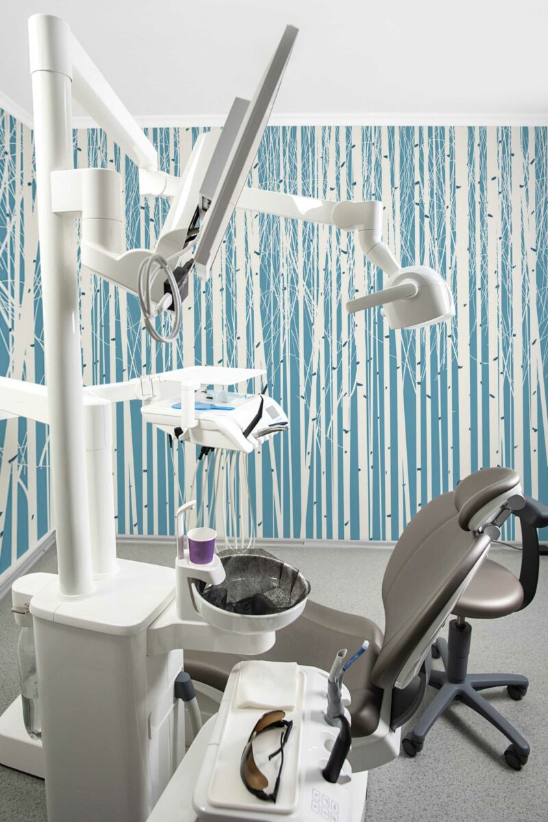 Serene Birches wall mural with white birch trees on a soft blue background, perfect for dentist offices, clinics, or calming interior spaces.