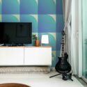 Sleek Gradient Geometric wall mural with retro blue and green geometric patterns, ideal for accent walls and modern interiors.