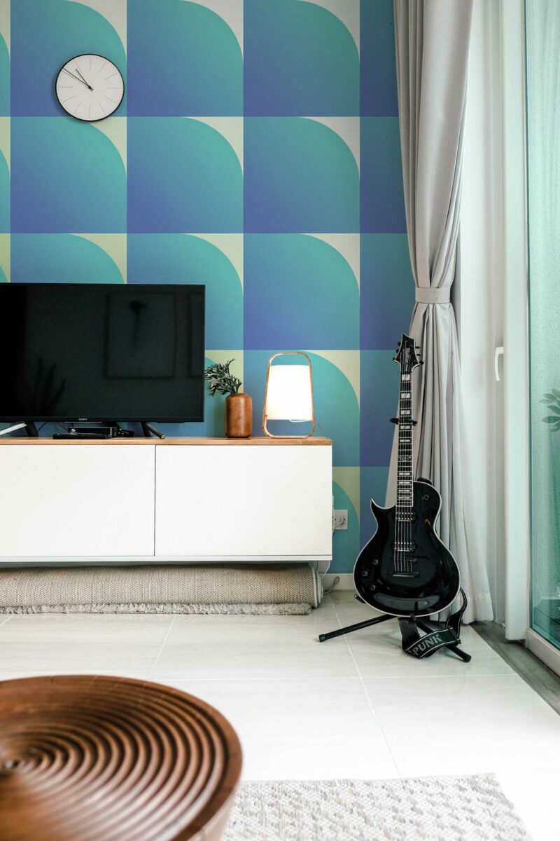 Sleek Gradient Geometric wall mural with retro blue and green geometric patterns, ideal for accent walls and modern interiors.