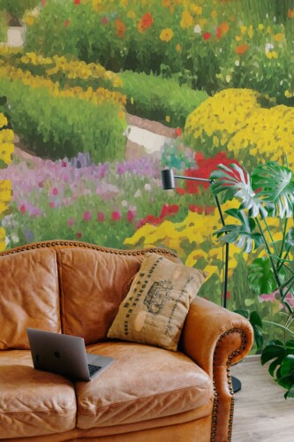 Garden Wall Mural with colorful floral and green botanical meadow design, perfect for accent walls, living rooms, or cozy natural-inspired spaces.