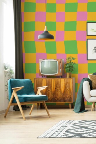 Colorful Groovy Checks wall mural with colorful funky geometric pattern, perfect for living rooms, hallways, or playful accent walls.
