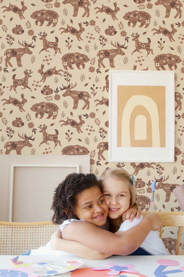 Warm brown Scandinavian woodland self-adhesive wallpaper from Fancy Walls