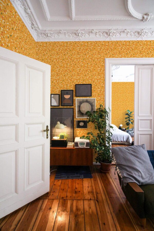 Mid-century modern luxury style living room and bedroom decorated with Warm orange terrazzo peel and stick wallpaper