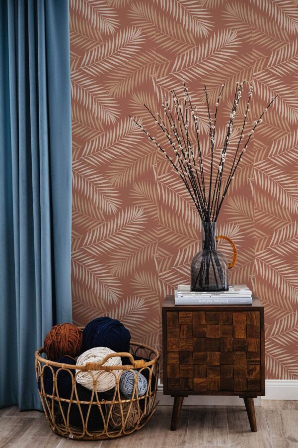 Coastal style living room decorated with Warm tropical peel and stick wallpaper