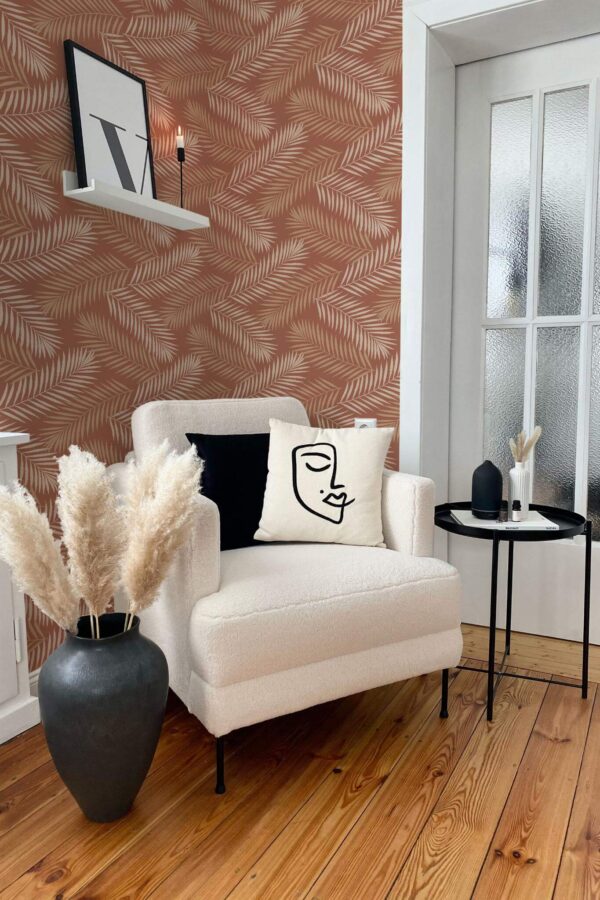 Modern boho style living room decorated with Warm tropical peel and stick wallpaper