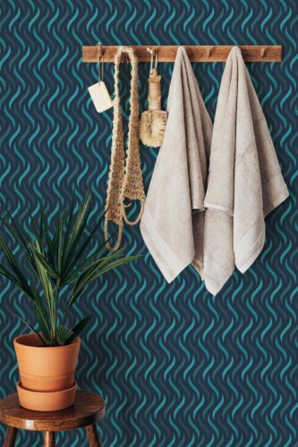 Boho style bathroom decorated with Water illusion peel and stick wallpaper